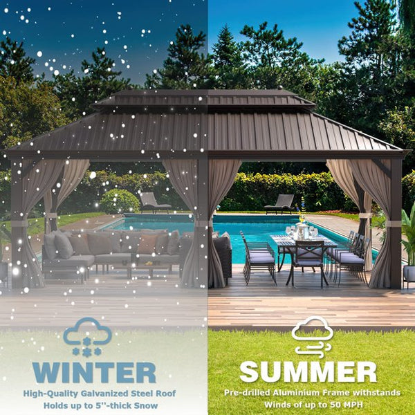 Mellcom 12' X 20' Hardtop Gazebo Galvanized Steel, Outdoor Canopy Double Roof Patio Gazebo with Aluminum Frame