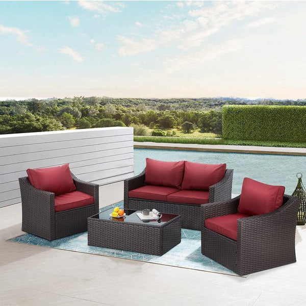 Mellcom 4 Pcs Patio Furniture Sets Retro Wicker PE Rattan Outdoor Garden Furniture Sets,Red Wine