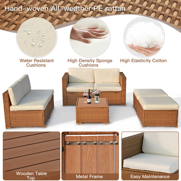 Mellcom 7 Pieces Patio Conversation Set PE Rattan Wicker Furniture Sofa Set with Two Storage Boxes,Beige