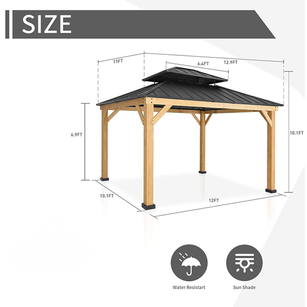 Erommy 13' x 11' Hardtop Wooden Gazebo,Double Roof Patio Gazebo with Cedar Wood Frame & Galvanized Steel Top, All-Weather r for Garden, Patio, Lawns