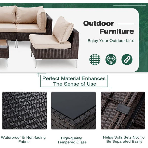 Yoleny 7 Pieces Patio Furniture Sets, Outdoor Conversation Set, Wicker Rattan Outdoor Sectional Set with Coffee Table and Seat Cushion for Backyard, Garden, Poolside, Khaki