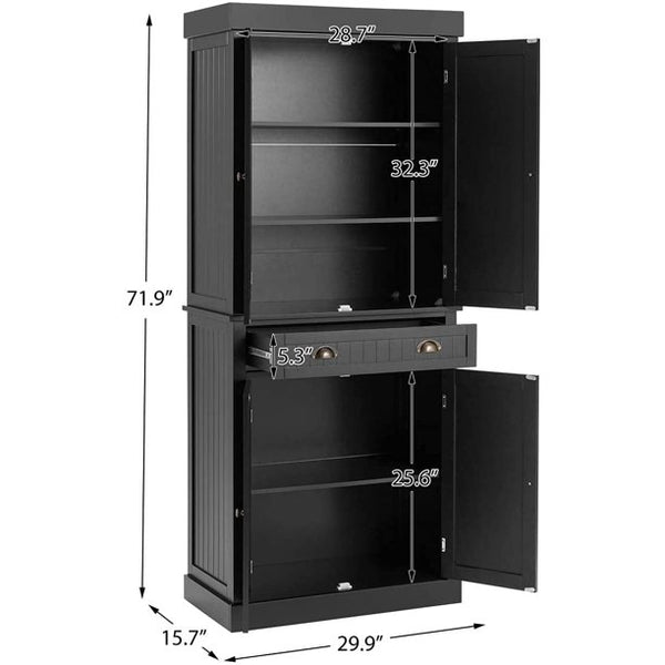 Mellcom 72” Freestanding Kitchen Pantry Storage Cabinets, Elegant Colonial Design Cupboard, Black