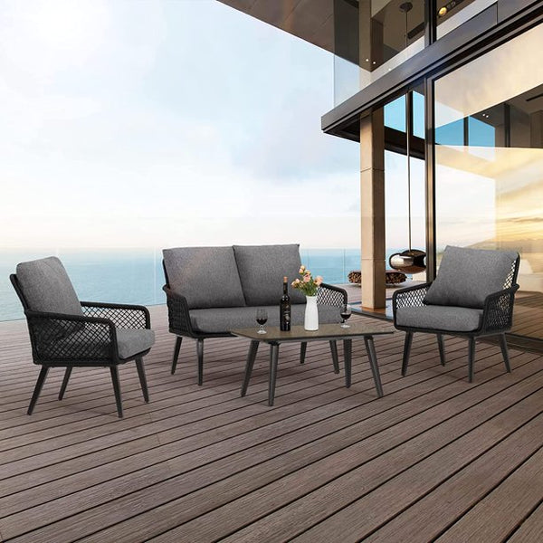 Yoleny 4 Pieces Patio Conversation Sets, Outdoor Rope-Woven Aluminum Patio Furniture Set with Thick Cushions, and Tempered Glass Coffee Table