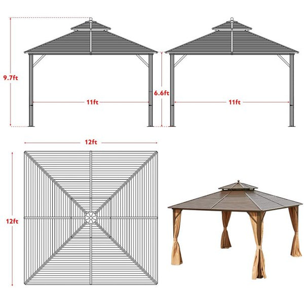 Erommy 12' x 12' Hardtop Gazebo Galvanized Steel Outdoor Gazebo Canopy Double Vented Roof Pergolas Aluminum Frame with Netting and Curtains for Garden,Patio,Lawns,Parties