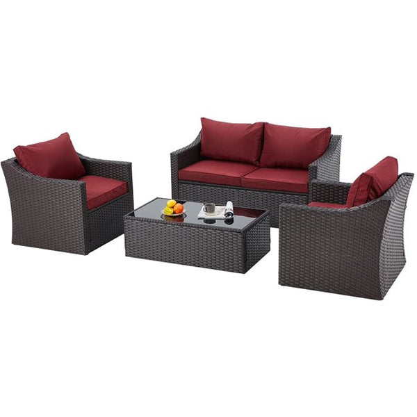 Yoleny 4pcs Patio Furniture Sets Wicker PE Rattan Conversation Furniture Set, Wine Red