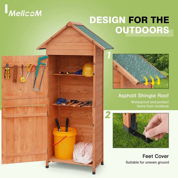Mellcom Wooden Garden Storage Shed with Locker Doors, Outdoor Tool Shed with Asphalt Roof for Patio, Garden, Backyard, Lawn