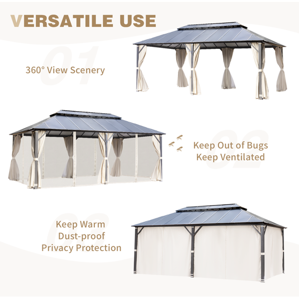 Mellcom 12x20FT Hardtop Gazebo with Aluminum Composite Double Roof for Patio Lawn and Garden