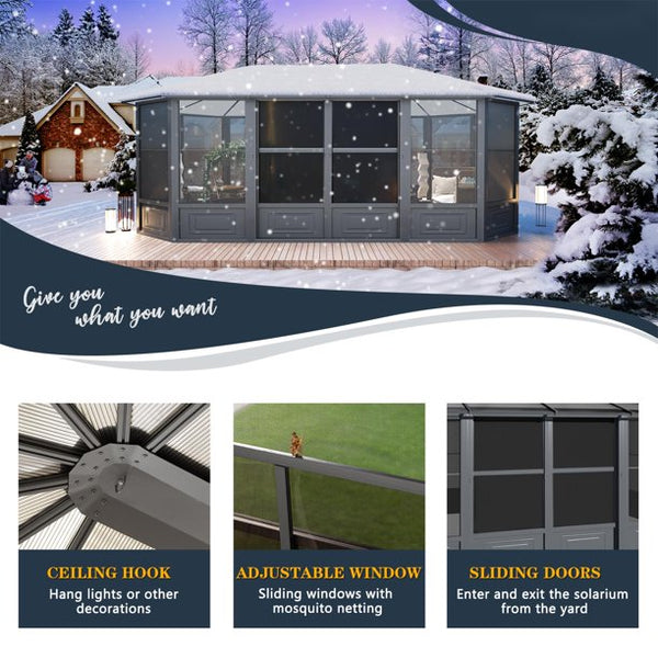 Yoleny 12' x 18' Solarium Sunroom, Outdoor Hardtop Polycarbonate Roof Sun Room, Aluminum Frame Permanent Tiny House with Sliding Doors and Screens,for Garden, Patio, Lawns