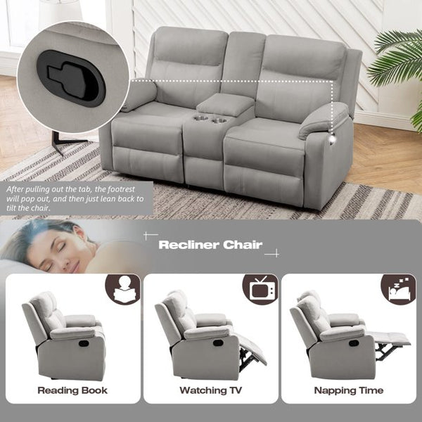 Mellcom Reclining Console Loveseat, Manual Upholstered Home Theater Seating, Arm Sofa Recliner Chair for Living Room, Gray
