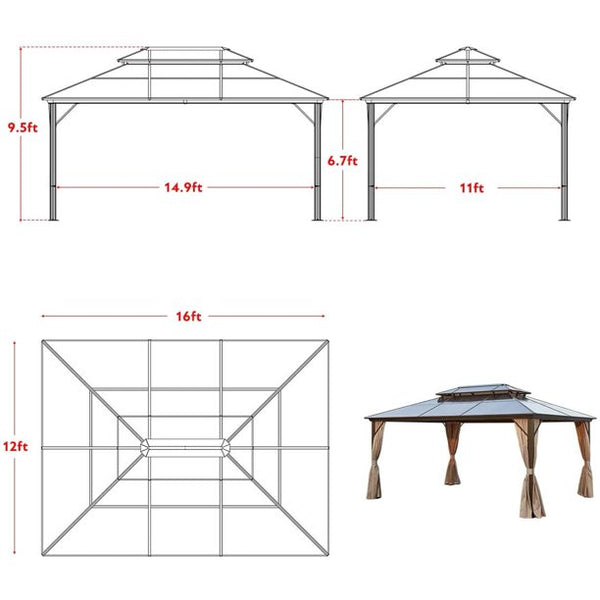 Erommy12'x16' Outdoor Polycarbonate Double Roof Hardtop Gazebo Canopy Curtains Aluminum Frame with Netting for Garden,Patio