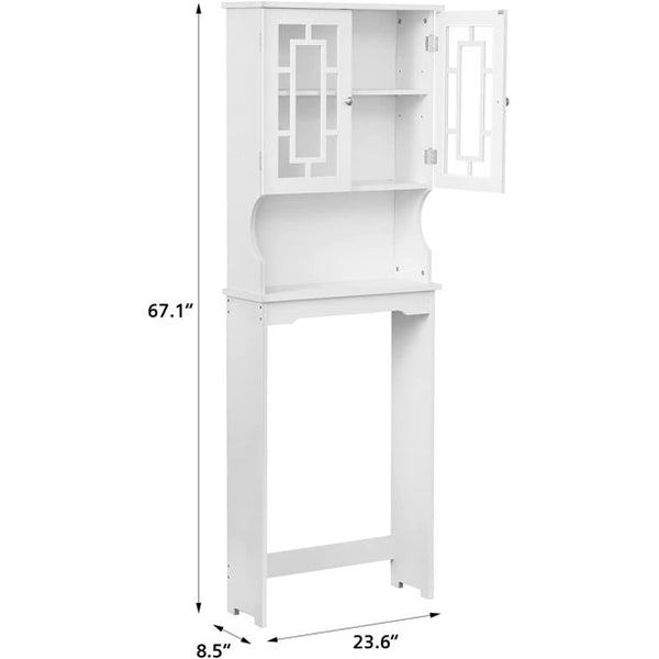 Yoleny Toilet Storage Wooden Bathroom Organizer with 2 Glass Doors & Adjustable Shelf, Over Toilet Cabinets for Bathroom, White