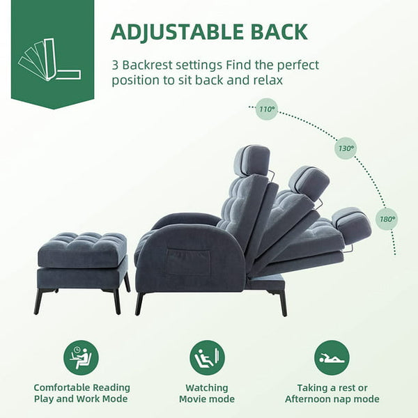 Mellcom Recliner Chair with Ottoman, Accent ArmChair with Adjustable Backrest, Single Sofa Chair for Living Room, Bedroom, Gray