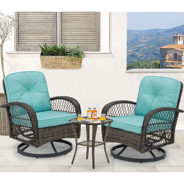 Erommy Outdoor Rocker Patio Chairs 360 ° Swivel , 3 Pieces Patio Set with Cushions and Table, Blue