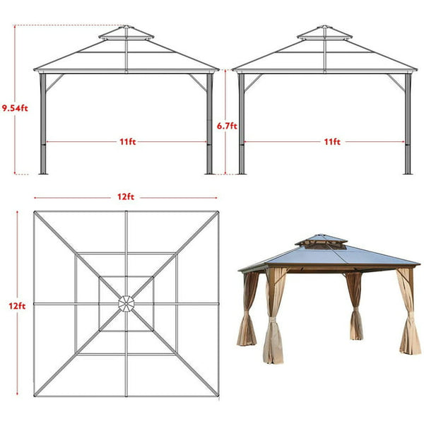 Erommy 12'x12' Outdoor Polycarbonate Double Roof Hardtop Gazebo Canopy Curtains Aluminum Frame with Netting for Garden,Patio
