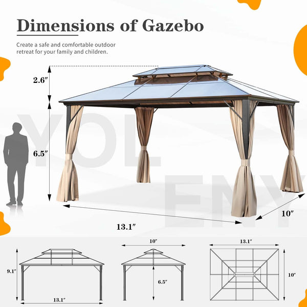 Yoleny 10'×13'ft Outdoor Polycarbonate Double Roof Hardtop gazebo