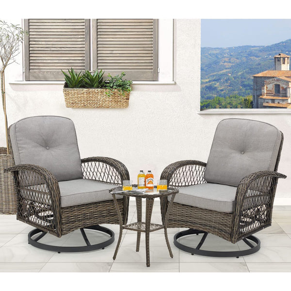 Erommy Outdoor Rocker Patio Chairs 360 ° Swivel , 3 Pieces Patio Conversation Set with Thickened Cushions and Glass Table, Gray