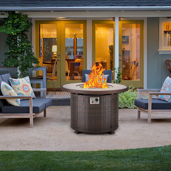 Yoleny Gas Fire Pit Table, 38" 50000 BTU Round Propane Firepits with Lid and Fire Glass, CSA Certification, Brown