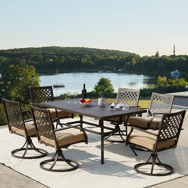 Yoleny 7 Pieces Outdoor Patio Dining Set, Metal Furniture Set Patio Table and Chairs with Umbrella Hole for Outdoor Patio, Garden, Lawn, Khaki