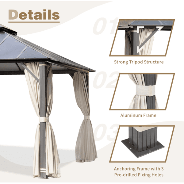 Mellcom 12x20FT Hardtop Gazebo with Aluminum Composite Double Roof for Patio Lawn and Garden