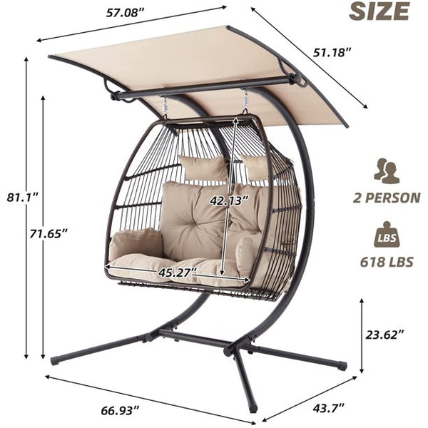 Erommy Loveseat Hanging Egg Chair Adjustable Swing with Steel Frame for Patio, khaki