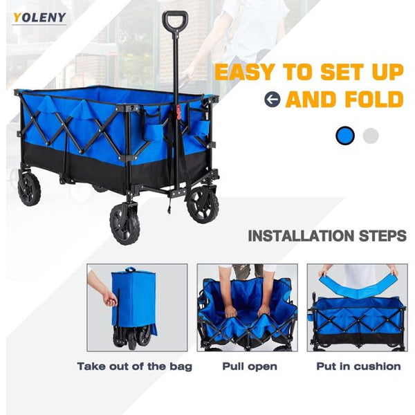 Yoleny Folding Wagon Cart 180 Pound Capacity, Outdoor Garden Cart Foldable Wagon for Travel, Shopping, Camping, Blue