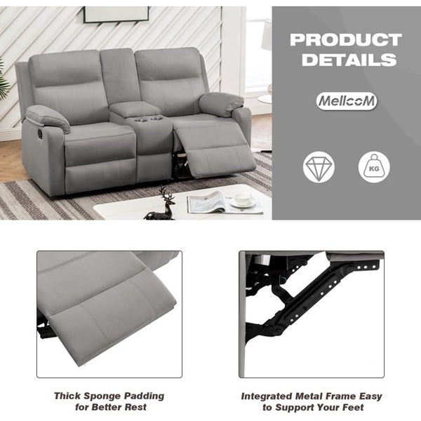 Mellcom Reclining Console Loveseat, Manual Upholstered Home Theater Seating, Arm Sofa Recliner Chair for Living Room, Gray