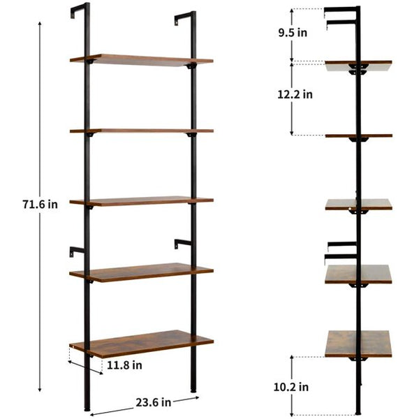 Yoleny 5 Tier Industrial Ladder Shelf, Wood Modern Bookshelf with Metal Frame, Wall-Mounted Plant Flower Storage Organizer, Brown