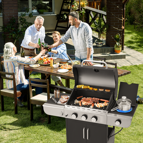 Yoleny 3 Burner BBQ Propane Gas Grill，24,000 BTU Stainless Steel Patio Garden Barbecue Grill with Stove and Side Table