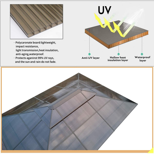 YOLENY 12'x16' Outdoor Polycarbonate Double Roof Hardtop Gazebo Canopy Curtains Aluminum Frame with Netting for Garden and Patio