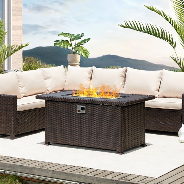Yoleny 44'' Propane Fire Pit Table, 50,000 BTU Rectangular Gas Fire Pit, CSA Certified Wicker Fire Pit Table with Fire Pit Cover, Aluminum Tabletop and Glass Rocks, Suiltable for Poolside, Backyard
