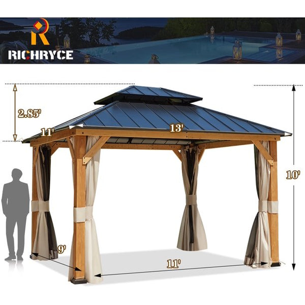 Yoleny 11' x 13' Solid Wood Gazebo, Hardtop Gazebo Galvanized Steel Outdoor Gazebo Canopy Double Vented Roof Pergolas Aluminum Frame with Netting and Curtains for Garden, Patio, Lawns, Parties
