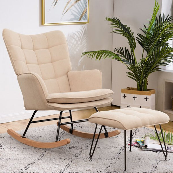 Mellcom Rocking Chair with Ottoman, High Back Nursery Glider Rocker, Modern Upholstered Accent Chair, Armchair for Living Room, Bedroom, Beige