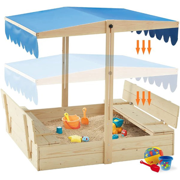 Hommow Kids Outdoor Toy Sandbox w/ 2 Foldable Bench Seats, Height Adjustable Outdoor Sandbox with Canopy Roof