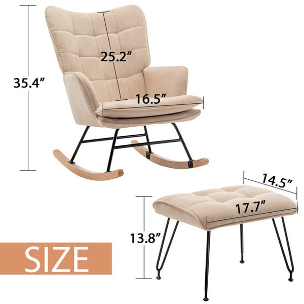 Mellcom Rocking Chair with Ottoman, High Back Nursery Glider Rocker, Modern Upholstered Accent Chair, Armchair for Living Room, Bedroom, Beige