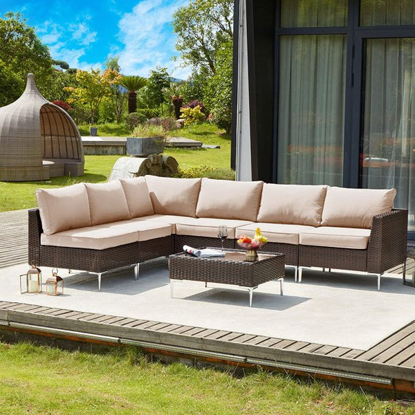 Yoleny 7 Pieces Patio Furniture Sets, Outdoor Conversation Set, Wicker Rattan Outdoor Sectional Set with Coffee Table and Seat Cushion for Backyard, Garden, Poolside, Khaki
