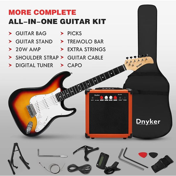 Yoleny 39 Inch Beginner Electric Guitar Kit with 20-Watt Amplifier, Bag, Stand, Tremolo Bar, Digital Tuner, Brown