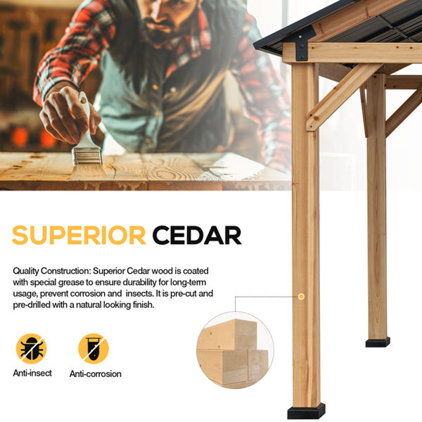 Yoleny 13' x 11' Outdoor Gazebo Wooden Gazebo Cedar Framed Gazebo with Black Steel Hardtop Roof for Garden,Patio,Lawns