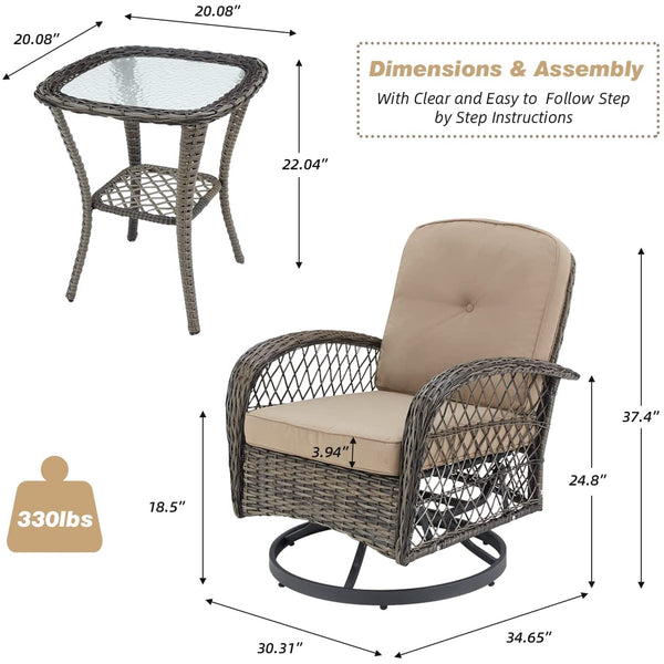 Erommy 3 Pieces Rattan Patio Set, Outdoor Rocker Patio Chairs 360 ° Swivel with Cushions and Table, Khaki
