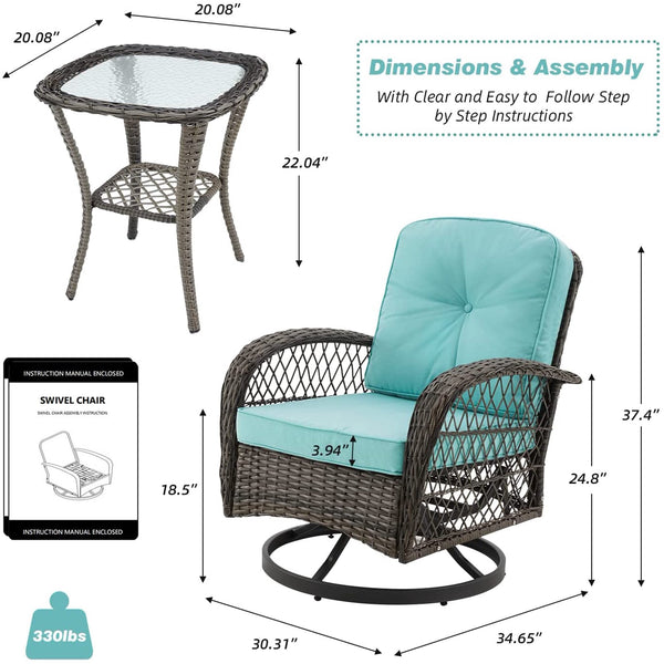 Erommy Outdoor Rocker Patio Chairs 360 ° Swivel , 3 Pieces Patio Set with Cushions and Table, Blue