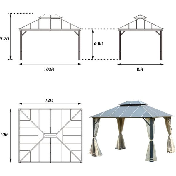 Erommy 12x14FT Hardtop Gazebo, Permanent Outdoor Aluminum Patio Gazebo with Aluminum Composite Double Roof for Patio Lawn and Garden, Curtains and Netting Included
