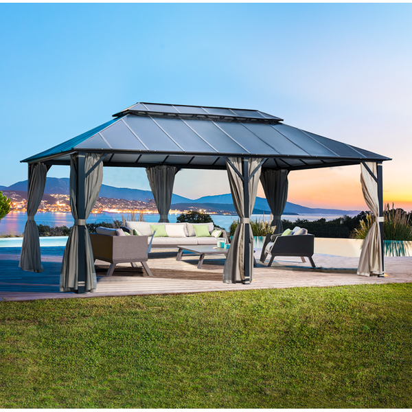 Erommy 13' x 15' Cedar Wood Frame Gazebo, Outdoor Hardtop Gazebo with Metal Roof, Curtains and Nettings