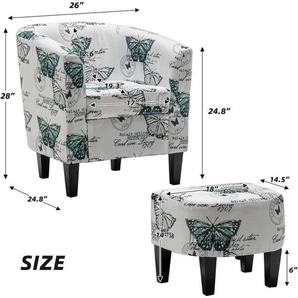Mellcom Accent Chair with Ottoman , Comfy Fabric Armchair,White Butterfly