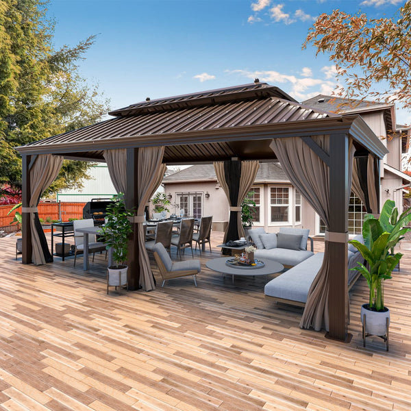Hommow 12' x 20' Hardtop Gazebo Galvanized Steel Outdoor Gazebo, Brown