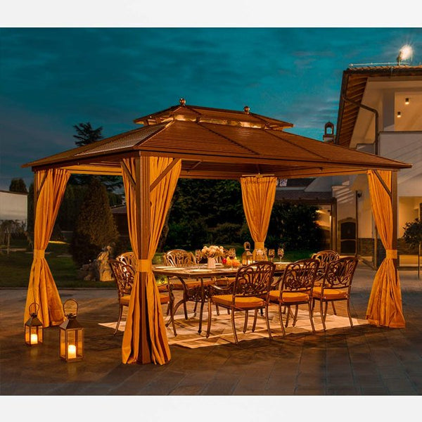 Erommy10' x 13' Hardtop Gazebo Galvanized Steel Outdoor Gazebo Canopy Double Vented Roof Pergolas Aluminum Frame with Netting and Curtains for Garden,Patio,Lawns,Parties