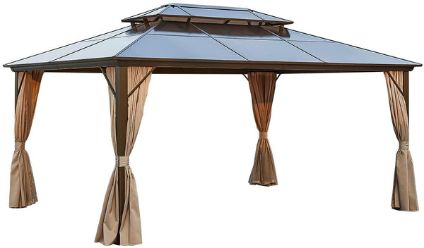 YOLENY 12'x16' Outdoor Polycarbonate Double Roof Hardtop Gazebo Canopy Curtains Aluminum Frame with Netting for Garden and Patio