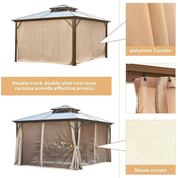 Erommy 12'x12' Outdoor Polycarbonate Double Roof Hardtop Gazebo Canopy Curtains Aluminum Frame with Netting for Garden,Patio