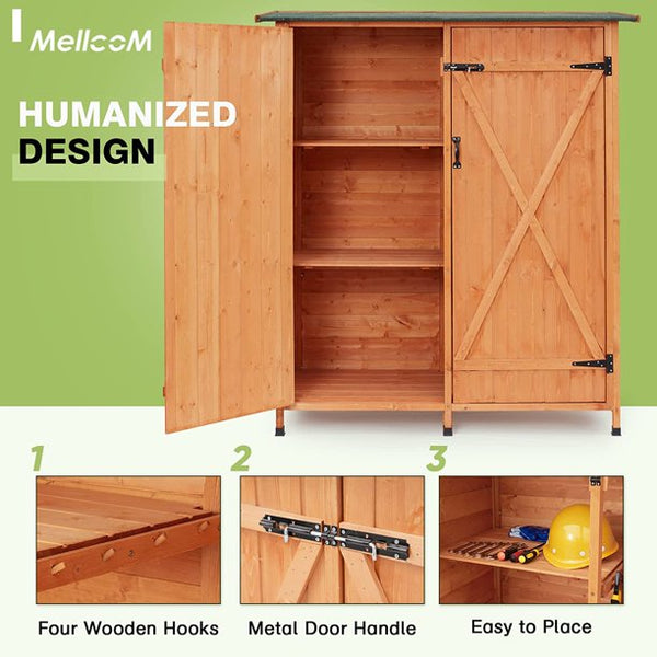 Mellcom Wooden Storage Shed, Outdoor Garden Tool Shed with Asphalt Roof for Patio, Garden, Backyard, Lawn