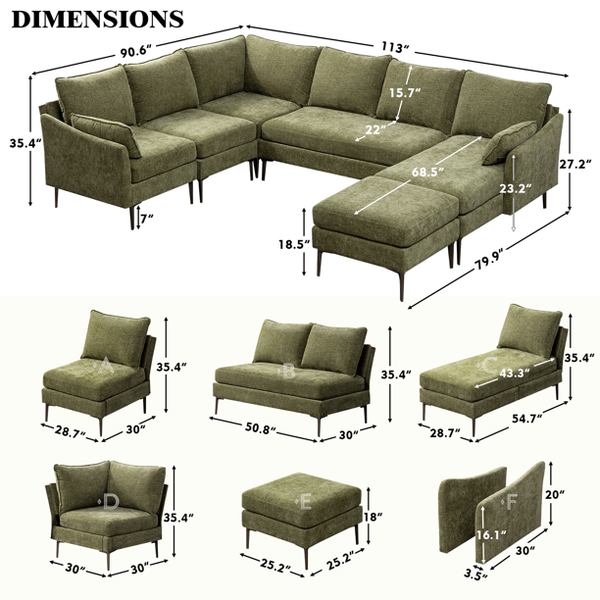 Mellcom U Shaped Sectional Sofa Chenille Convertible Sectional Couch with Chaise Lounge and Ottman for Living Room,Green