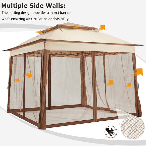 Mellcom 11' x 11' Pop Up Gazebo Tent, Outdoor Instant Canopy Shelter with Carrying bag, Beige