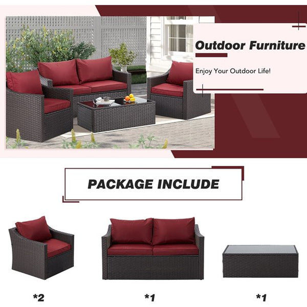 Mellcom 4 Pcs Patio Furniture Sets Retro Wicker PE Rattan Outdoor Garden Furniture Sets,Red Wine